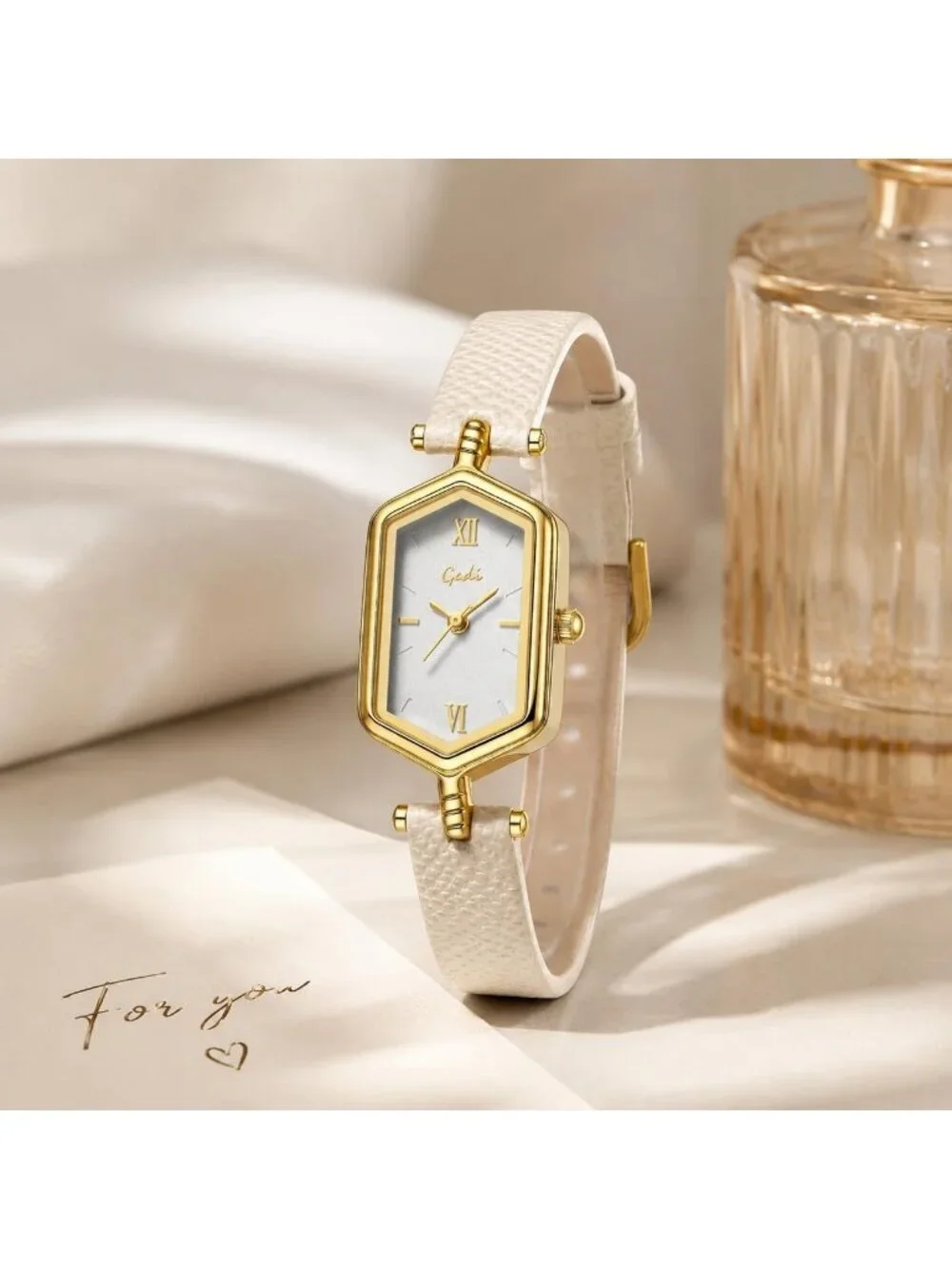 Women's Apricot Gold Vintage Slim Leather Strap Bracelet Hexagon Case Watch